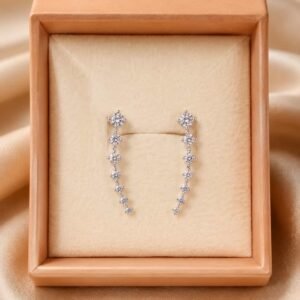 Silver-tone graduated round-stone ear climber earrings displayed in an elegant jewellery box