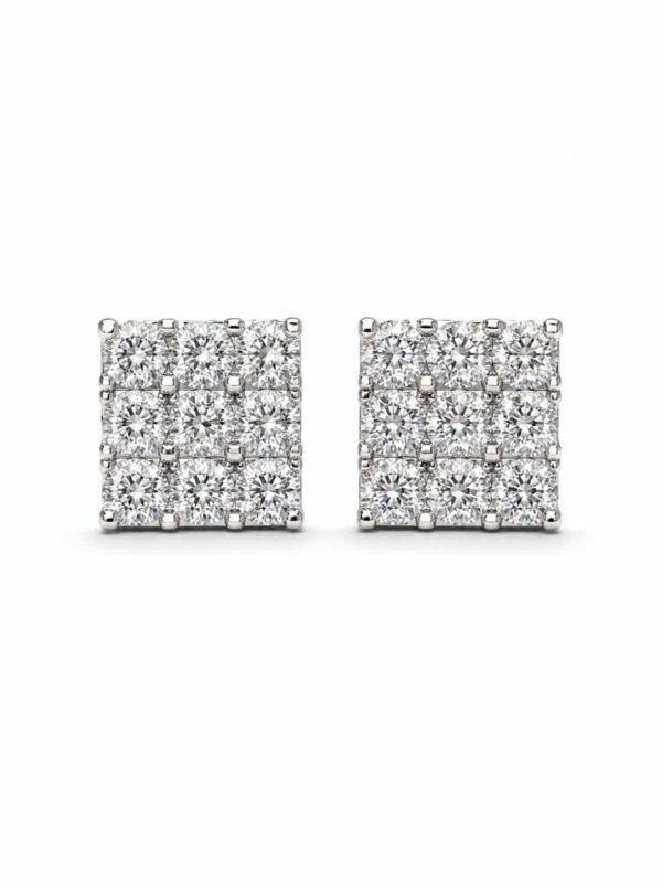 Lustre Grid platinum polished square cluster stud earrings with nine round clear stones