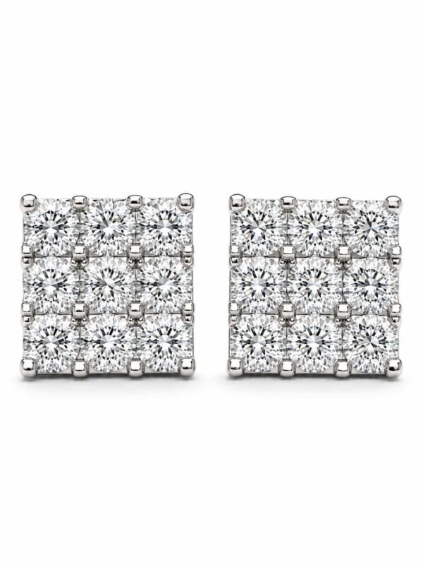 Close-up of platinum polished 9-stone square cluster stud earrings with round clear stones