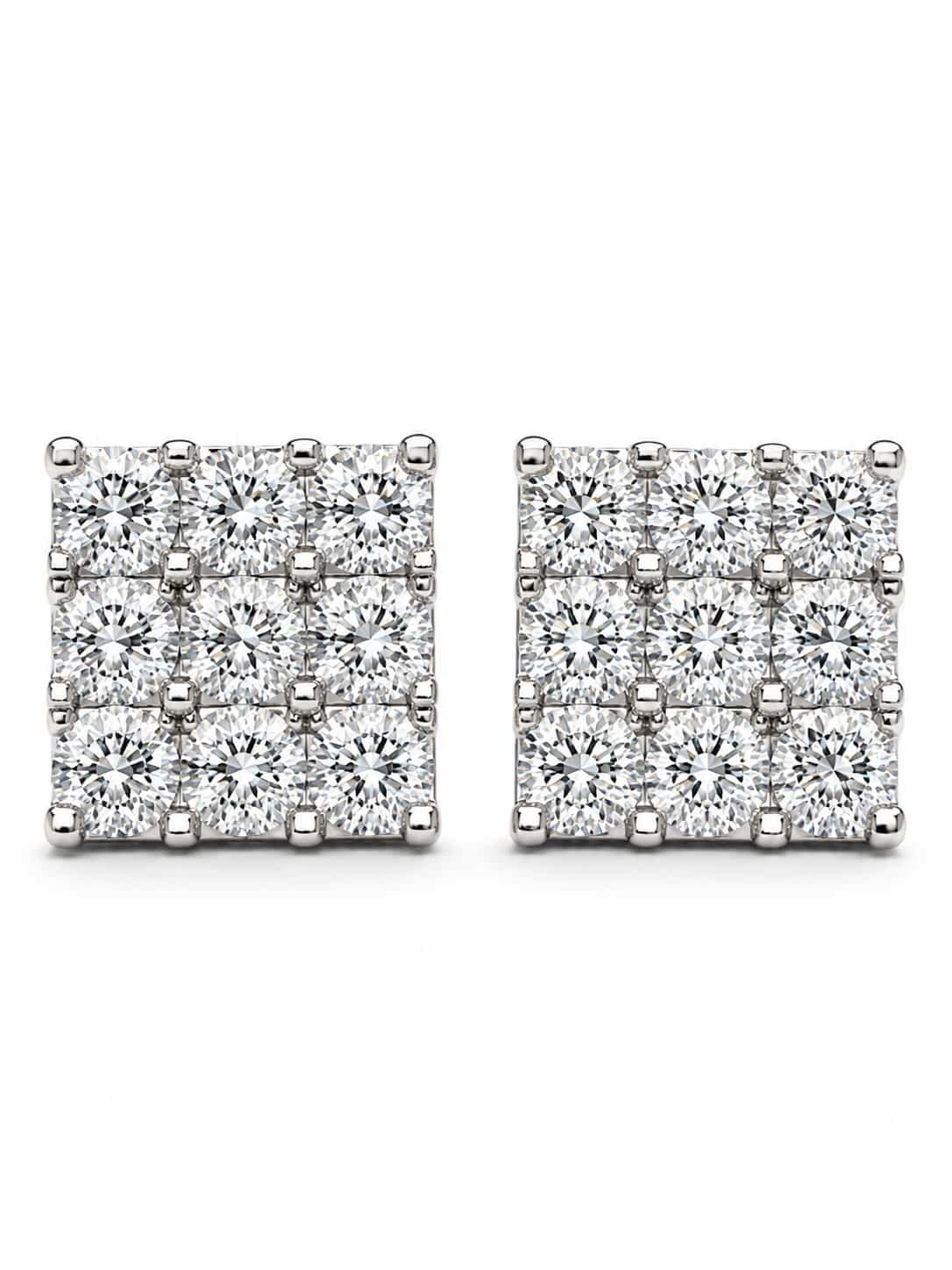 Close-up of platinum polished 9-stone square cluster stud earrings with round clear stones