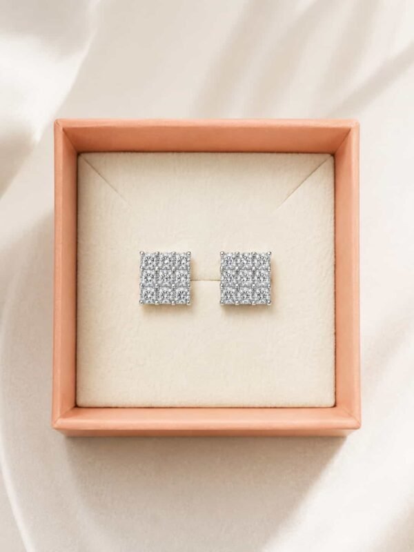 Lustre Grid platinum polished square cluster stud earrings presented in jewellery gift box