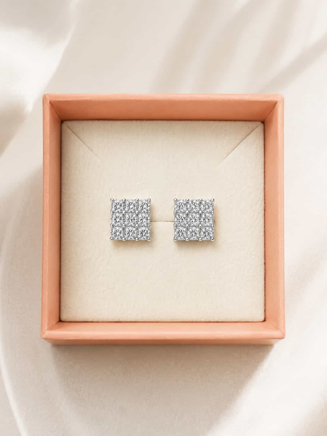 Lustre Grid platinum polished square cluster stud earrings presented in jewellery gift box