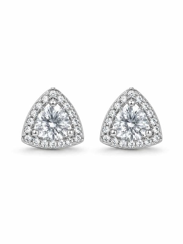Platinum polished triangle halo stud earrings front view with round clear centre stones
