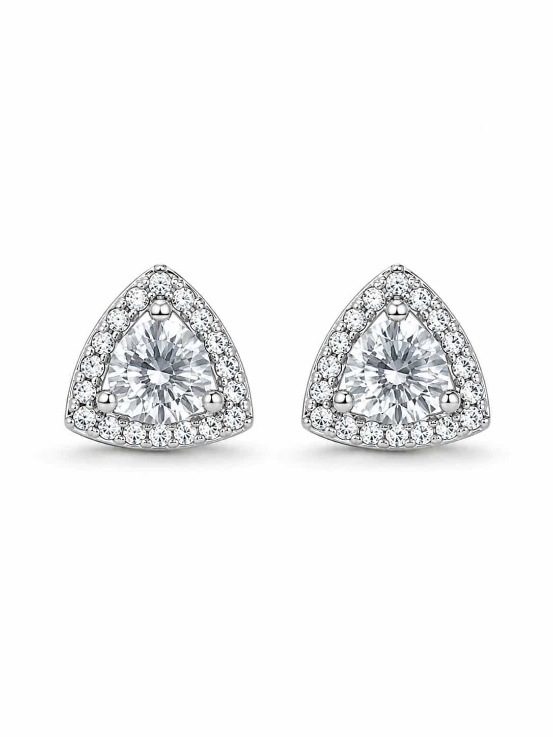 Platinum polished triangle halo stud earrings front view with round clear centre stones