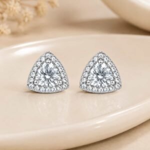 Celeste platinum polished triangle halo stud earrings with round centre stones and sparkling crystal halo