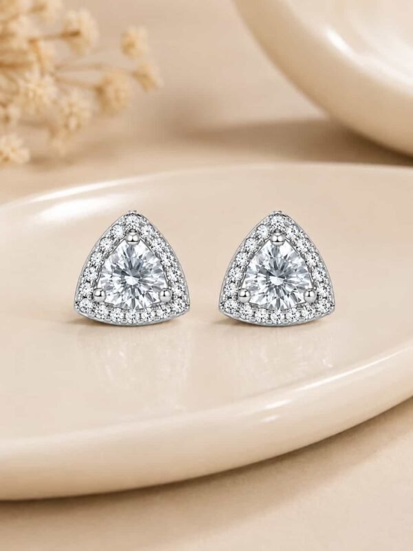 Celeste platinum polished triangle halo stud earrings with round centre stones and sparkling crystal halo