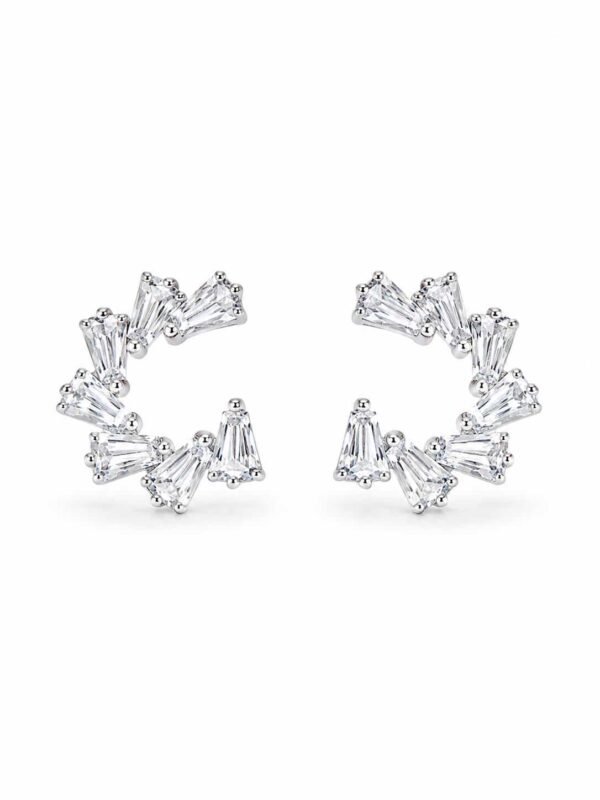 Crystal fan open hoop earrings with tapered clear stones and platinum-polished white-metal finish