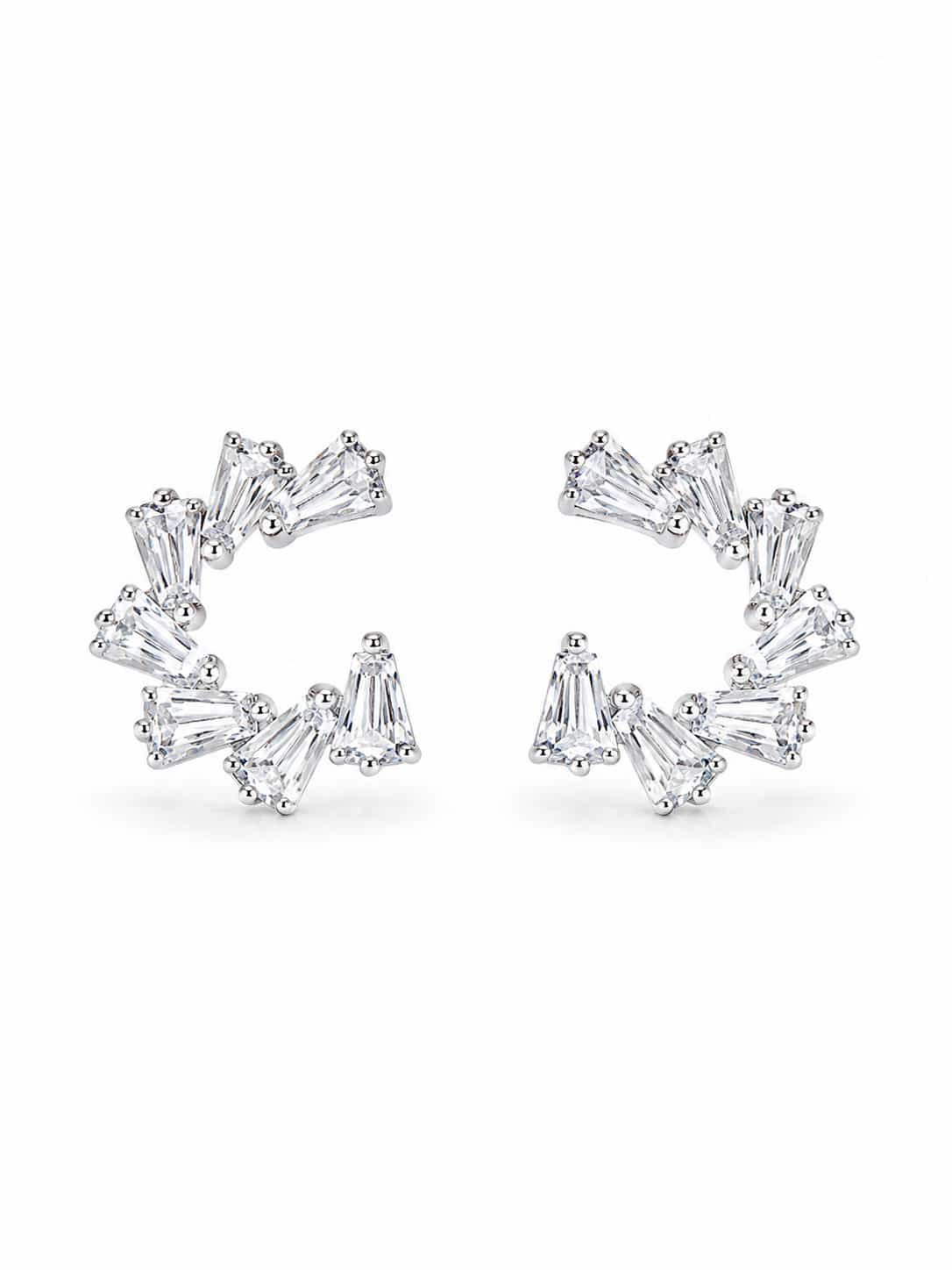 Crystal fan open hoop earrings with tapered clear stones and platinum-polished white-metal finish