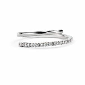 Front view of the Naira platinum-polished double-row open wrap ring with one smooth band and one clear-stone band