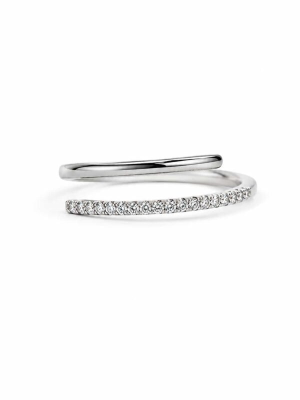 Front view of the Naira platinum-polished double-row open wrap ring with one smooth band and one clear-stone band