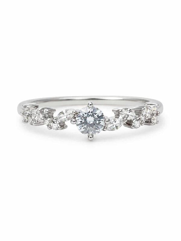 Fiora platinum-polished floral solitaire ring with a round centre stone and marquise leaf side stones on white