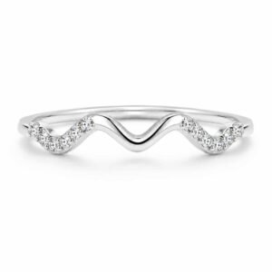 Serena platinum-polished wave sparkle ring with clear stones along both curved sides on white