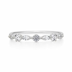 Liora platinum-polished band ring with alternating round and marquise clear stones on a white background