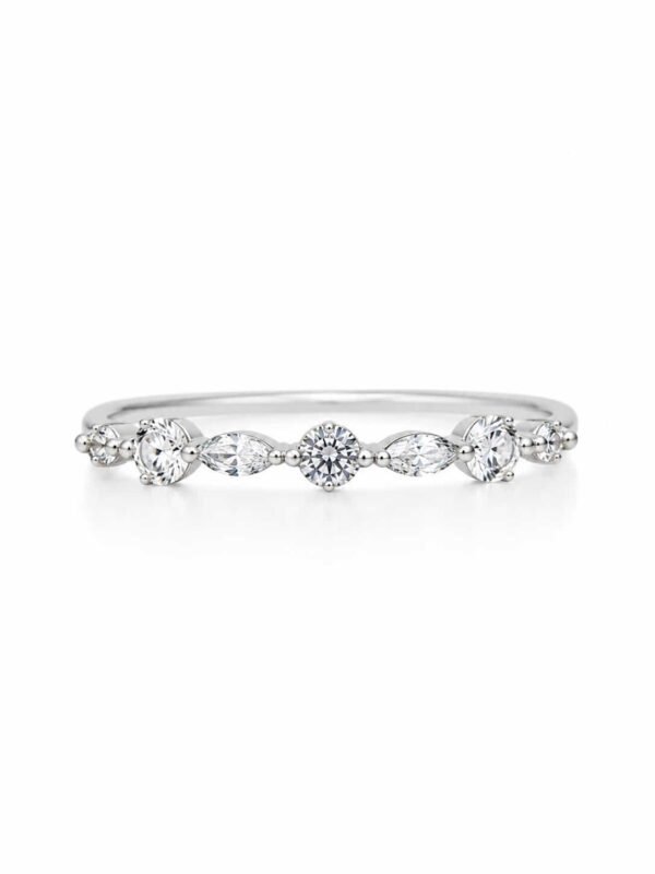 Liora platinum-polished band ring with alternating round and marquise clear stones on a white background