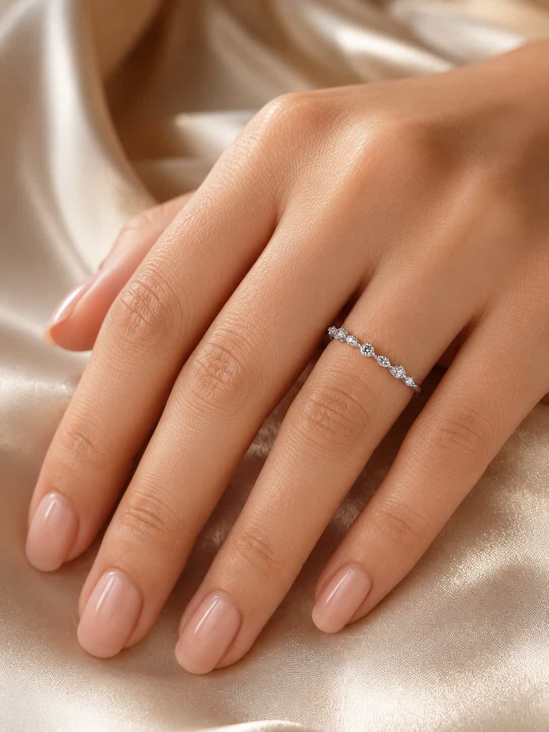 Woman wearing the Liora round and marquise sparkle band ring on her ring finger over champagne satin