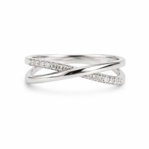 Elara platinum-polished criss-cross ring with polished crossover bands and clear stone accents on white