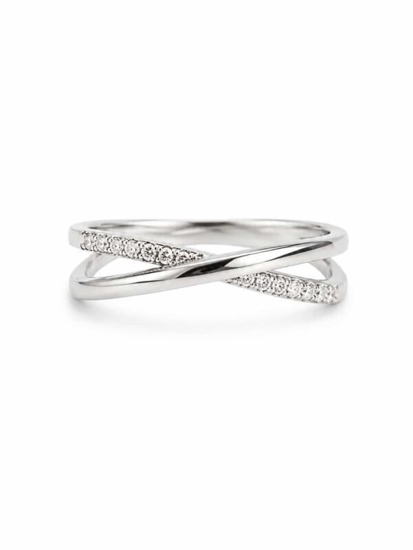 Elara platinum-polished criss-cross ring with polished crossover bands and clear stone accents on white