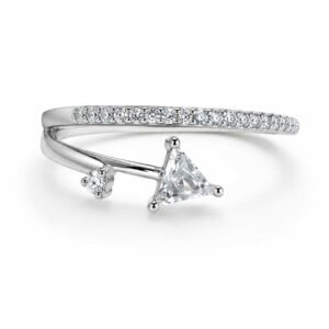 Evara platinum-polished triangle open ring with a clear focal stone, round accent and sparkling curved band on white
