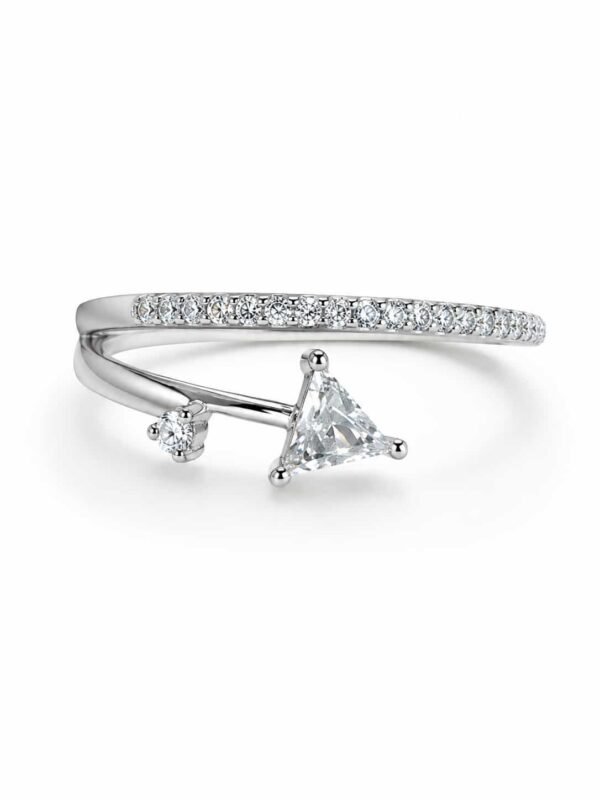 Evara platinum-polished triangle open ring with a clear focal stone, round accent and sparkling curved band on white
