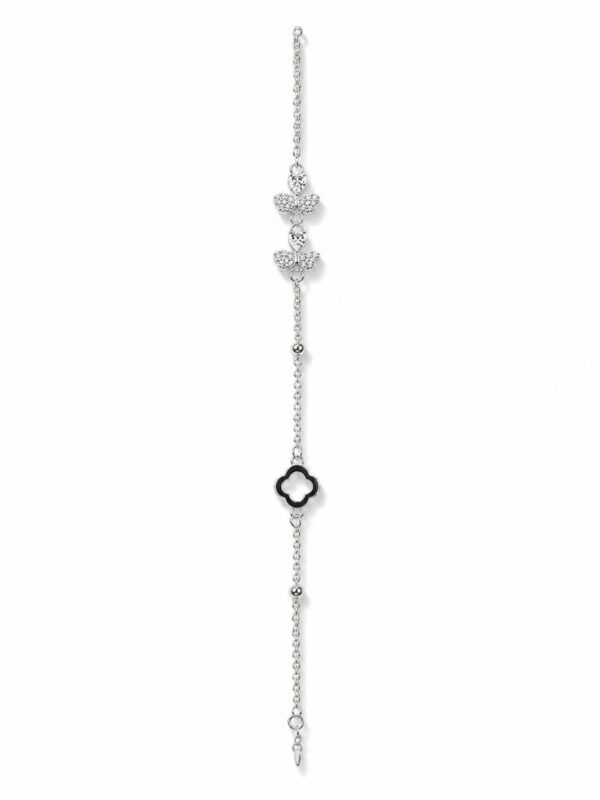 Noir Belle silver-tone bracelet with two sparkling butterflies, black clover motif and polished bead accents