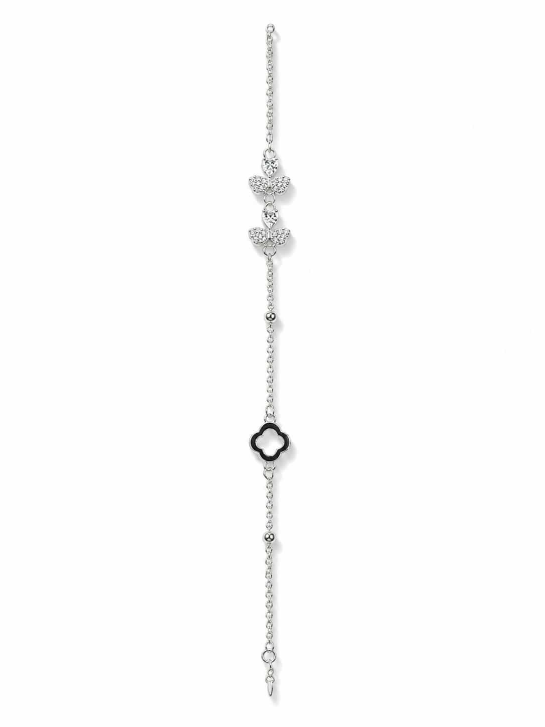 Noir Belle silver-tone bracelet with two sparkling butterflies, black clover motif and polished bead accents