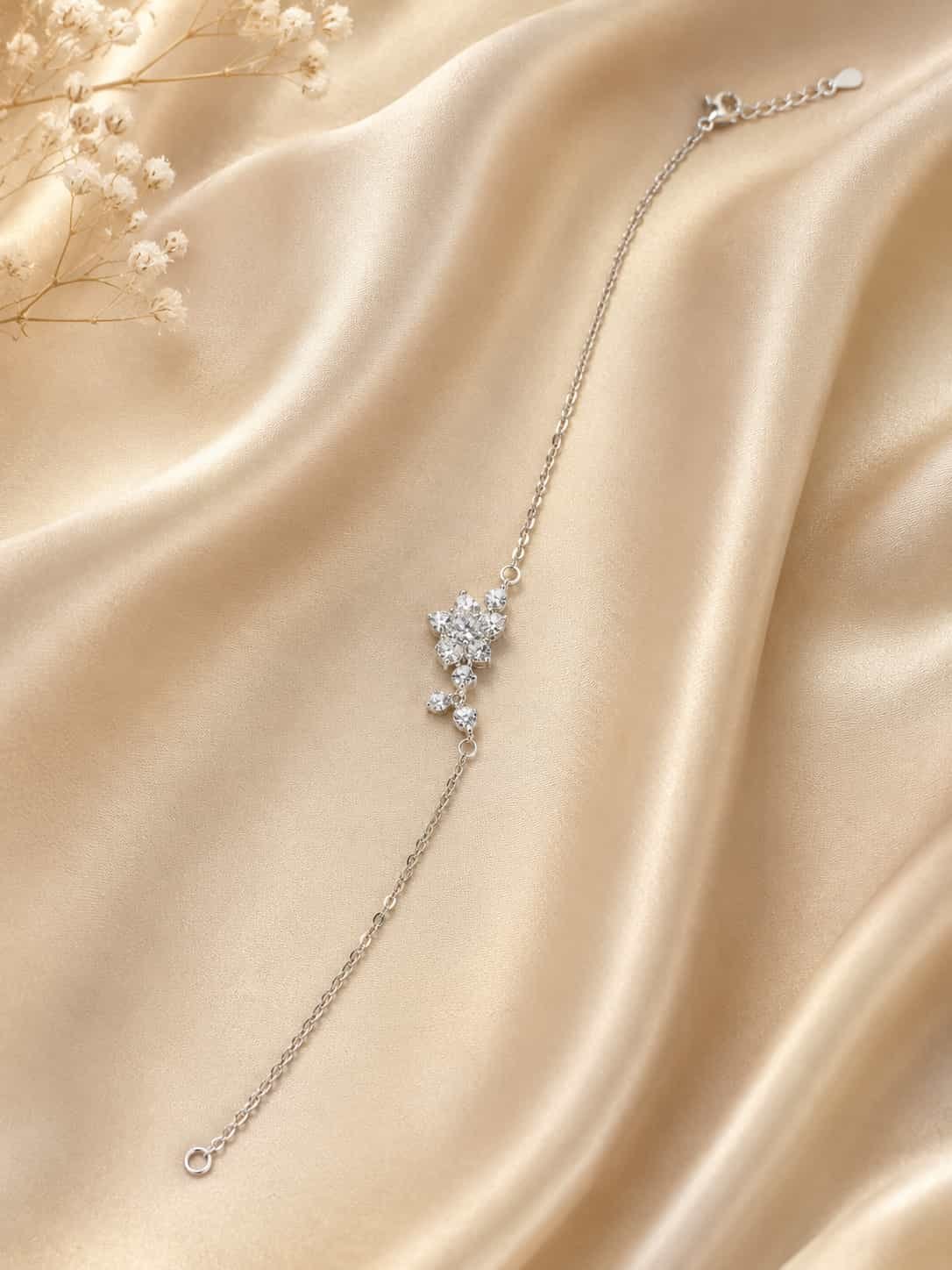 Crystal Bloom Floral Vine Bracelet with marquise and round clear stones on champagne satin