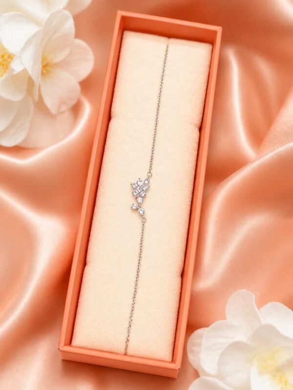 Crystal Bloom floral bracelet presented in jewellery gift box with sparkling botanical centrepiece