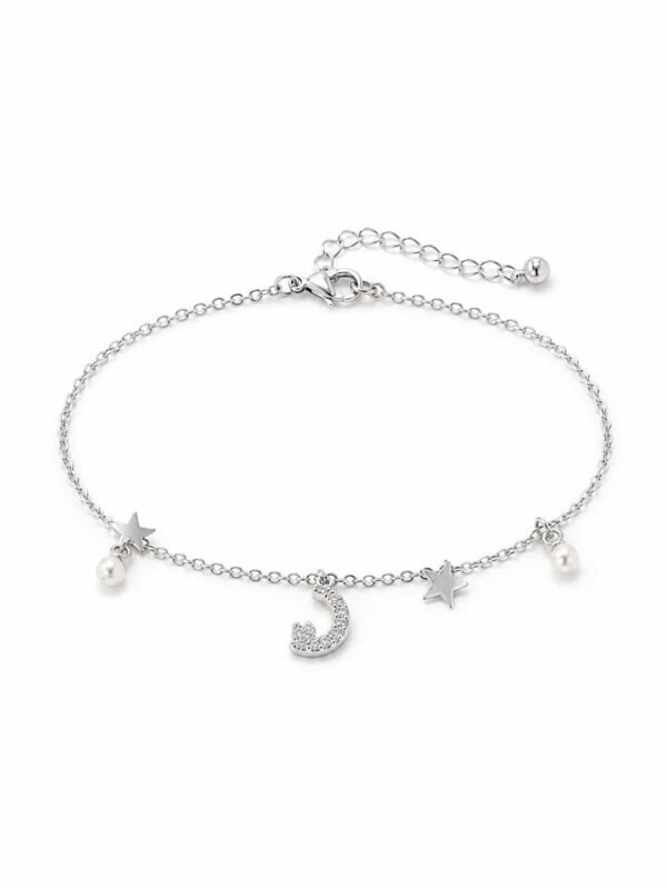 Celestial moon, star and pearl charm bracelet with fine chain and adjustable clasp on white background