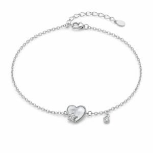Full view of Celestia heart and star charm bracelet with fine chain, lobster clasp and adjustable extension chain
