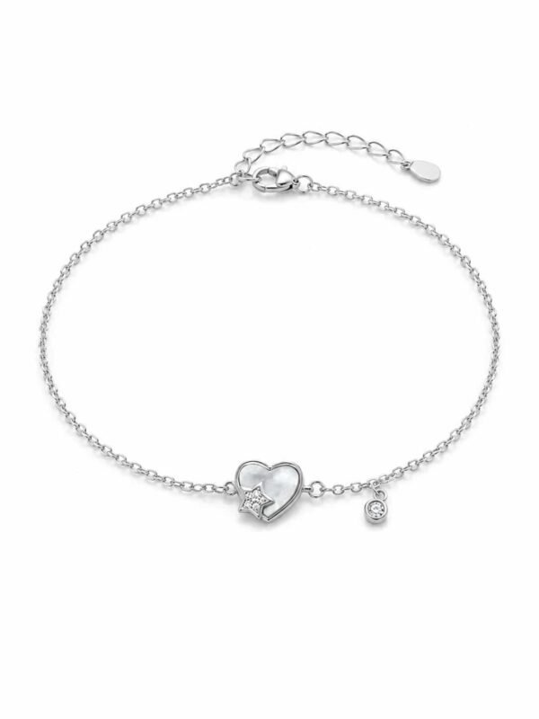Full view of Celestia heart and star charm bracelet with fine chain, lobster clasp and adjustable extension chain